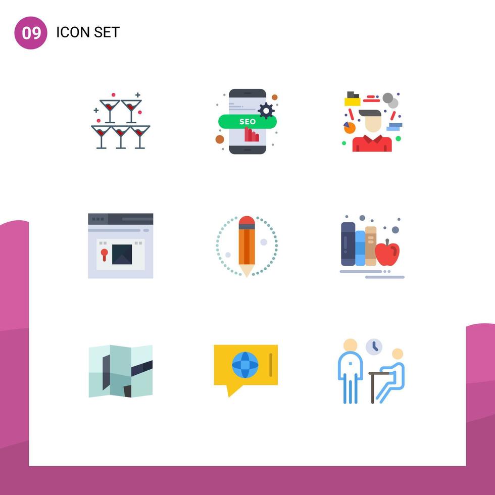 9 User Interface Flat Color Pack of modern Signs and Symbols of pencil creative tasks website page Editable Vector Design Elements