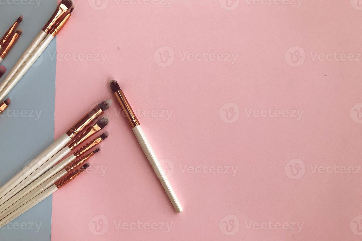 makeup brushes on a pink and blue background. a set of brushes for applying textures to the face. brushes for applying eyeliner, lipstick, gloss, shadows, tonal means, powder. perfect face photo