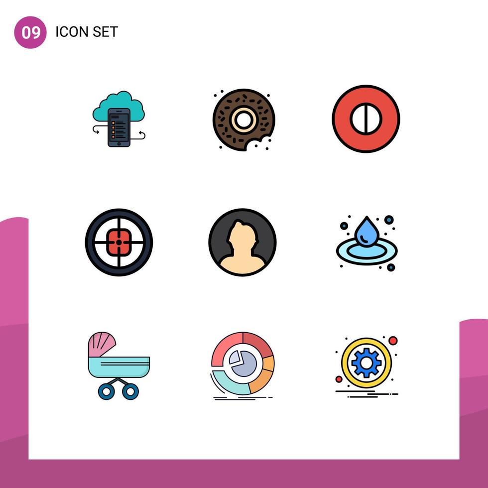 Filledline Flat Color Pack of 9 Universal Symbols of target military food badge symbols Editable Vector Design Elements
