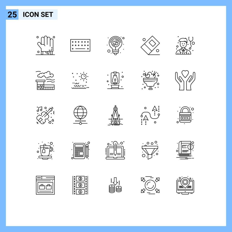 25 Thematic Vector Lines and Editable Symbols of stethoscope doctor energy stationary education Editable Vector Design Elements