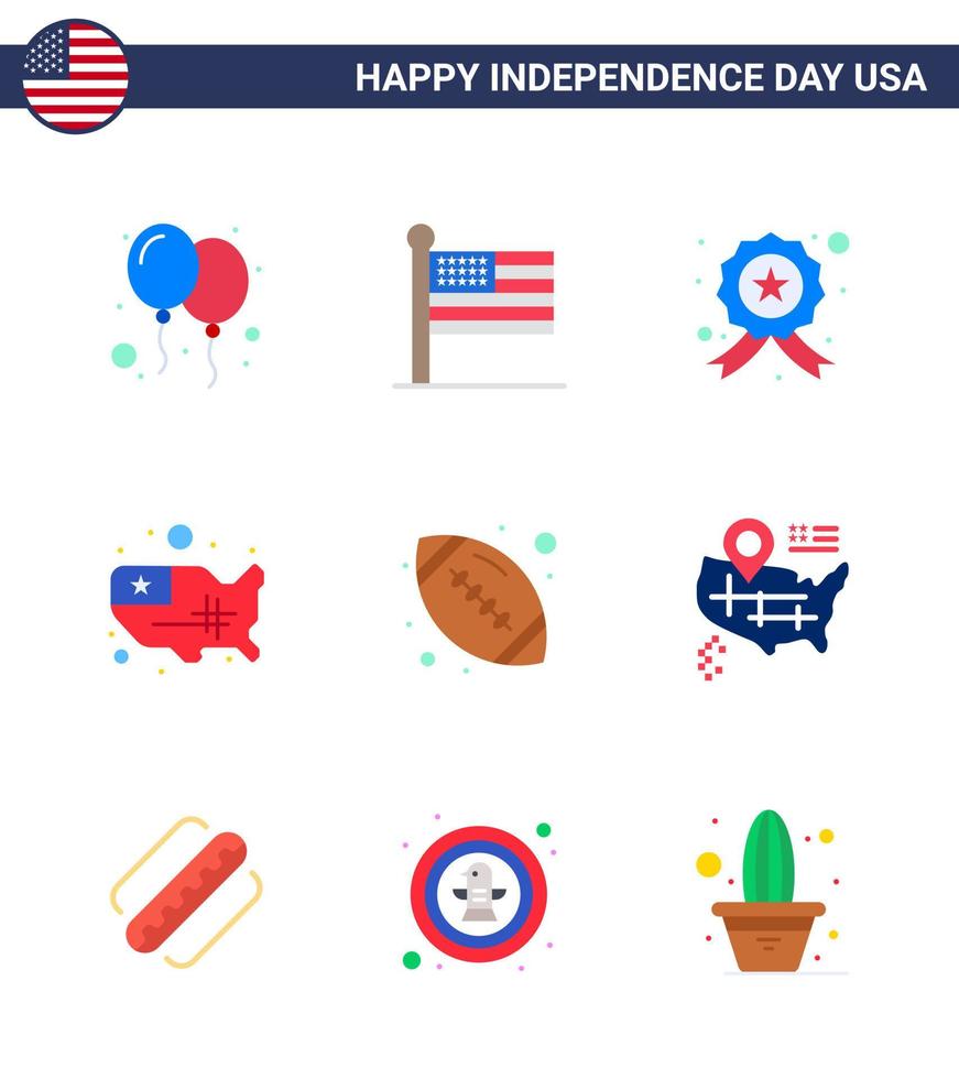 Set of 9 Vector Flats on 4th July USA Independence Day such as rugby usa badge united map Editable USA Day Vector Design Elements