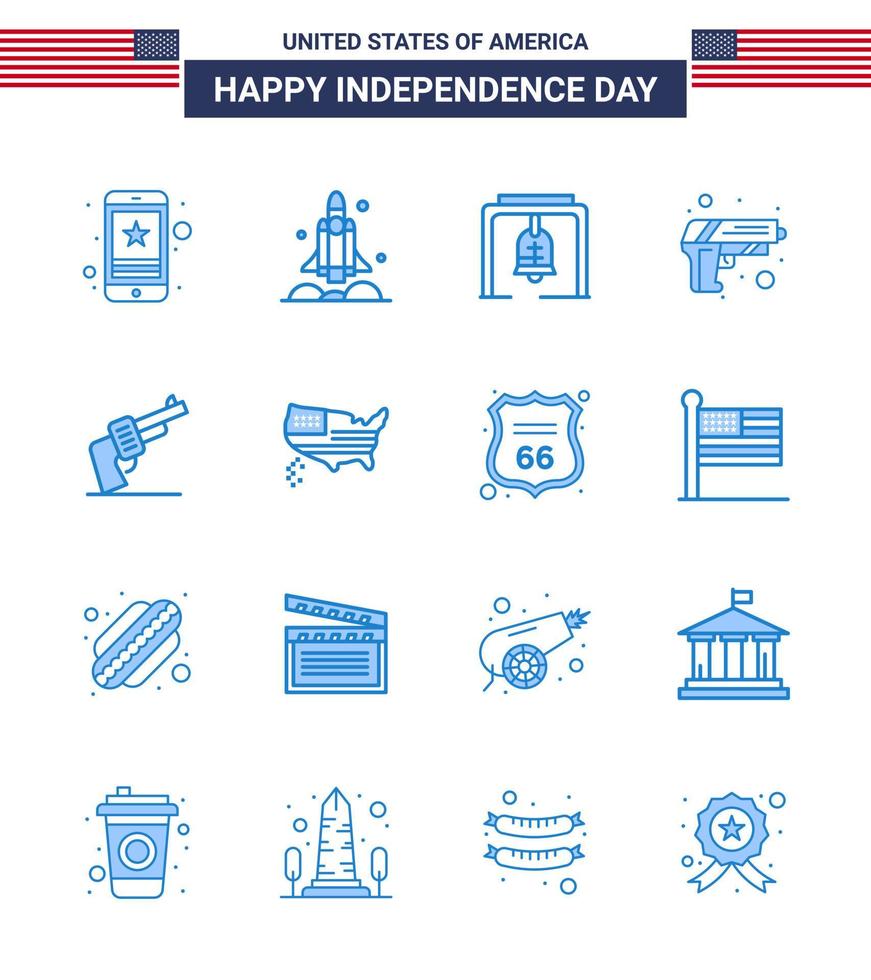 Pack of 16 creative USA Independence Day related Blues of weapon security transport gun christmas bell Editable USA Day Vector Design Elements