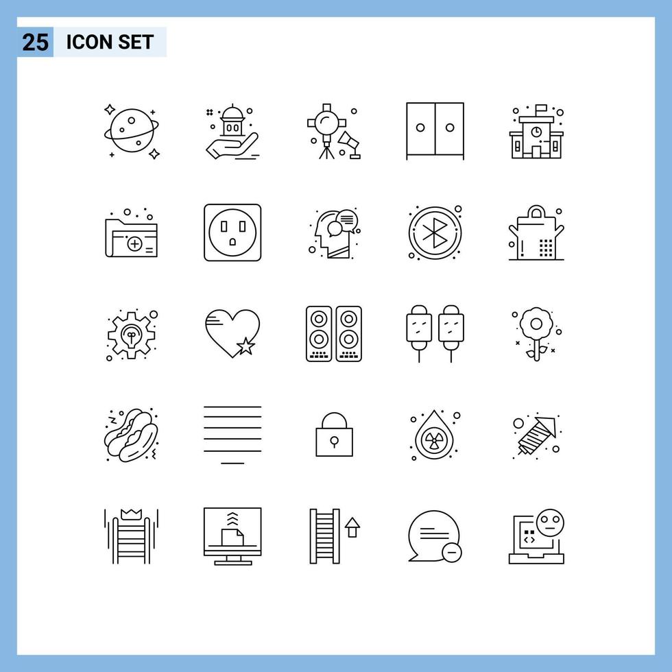paquete de 25 líneas modernas, signos y símbolos para medios de impresión web, como luces de edificios escolares, muebles de armario, elementos de diseño de vectores editables