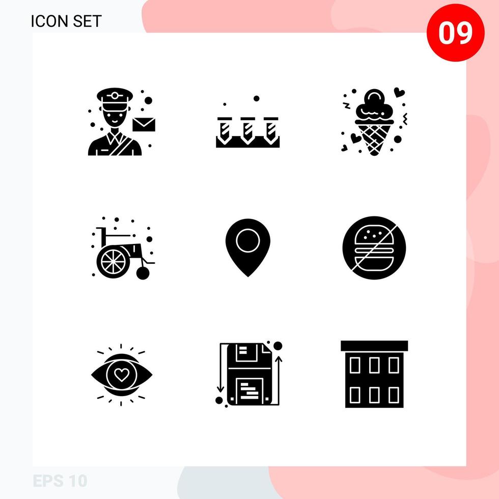 Set of 9 Vector Solid Glyphs on Grid for wheel chair medical hardware valentine love Editable Vector Design Elements