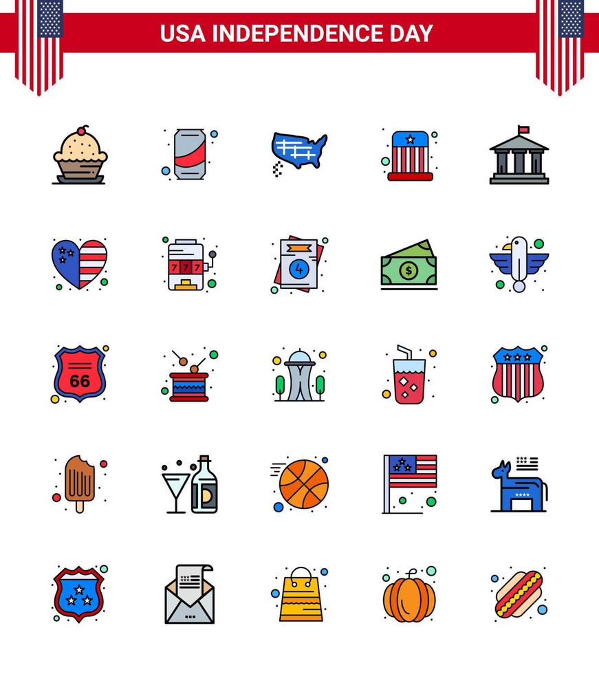 feliz día de la independencia usa paquete de 25 líneas planas creativas llenas de bank kids cola entretenimiento usa elementos de diseño vectorial editables del día de usa vector