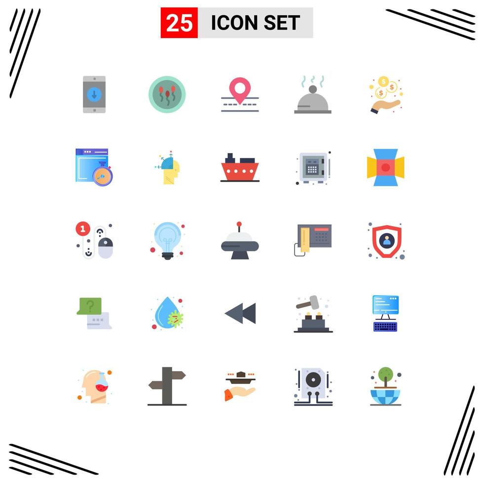 25 User Interface Flat Color Pack of modern Signs and Symbols of income food laboratory dish way Editable Vector Design Elements