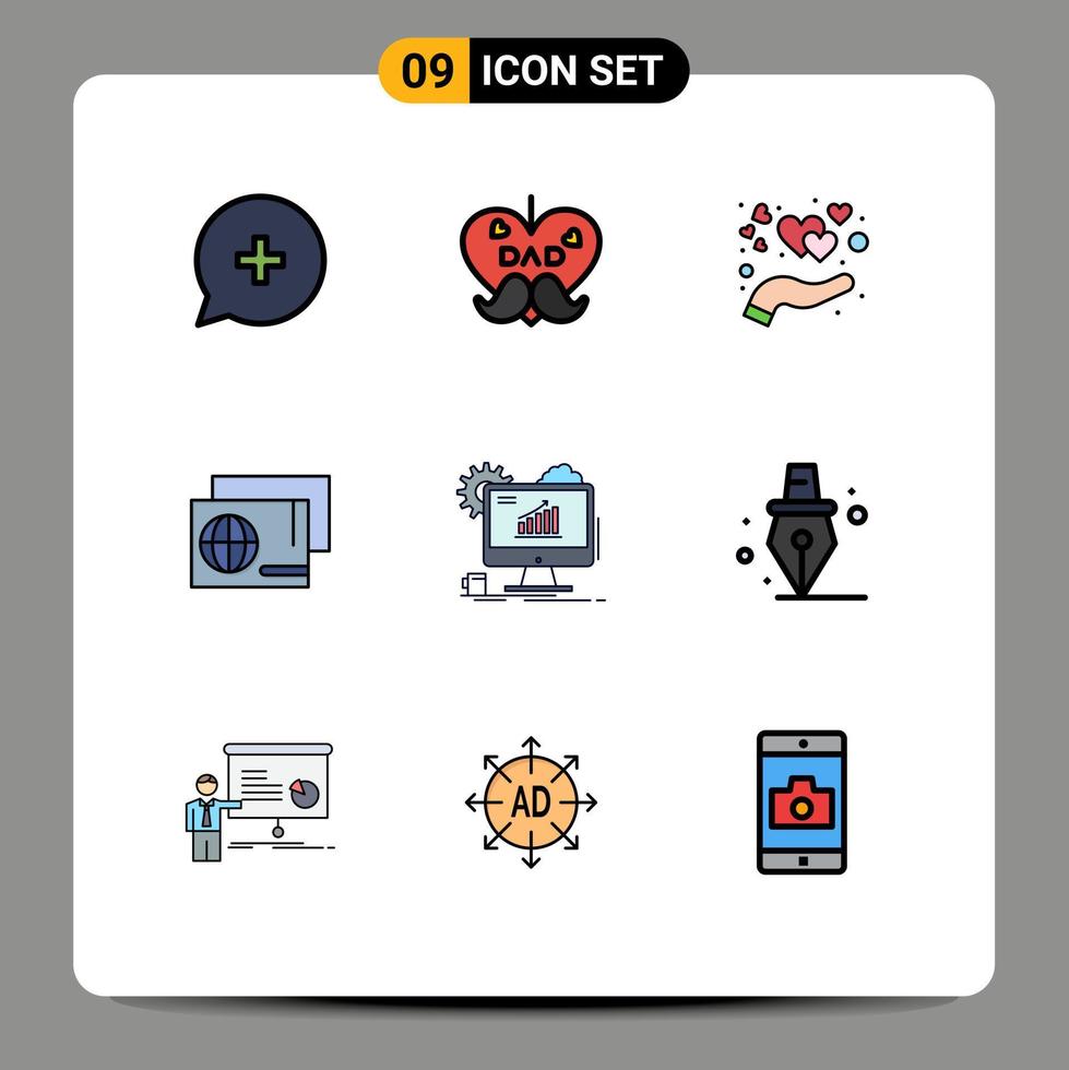Pictogram Set of 9 Simple Filledline Flat Colors of chart shopping care passport identity Editable Vector Design Elements