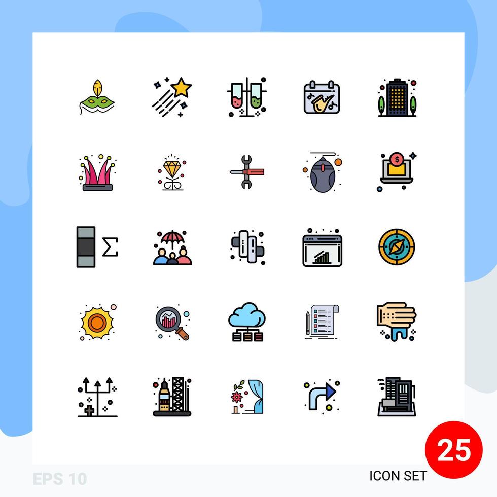 Modern Set of 25 Filled line Flat Colors Pictograph of building saxophone lab test tubes play calendar Editable Vector Design Elements