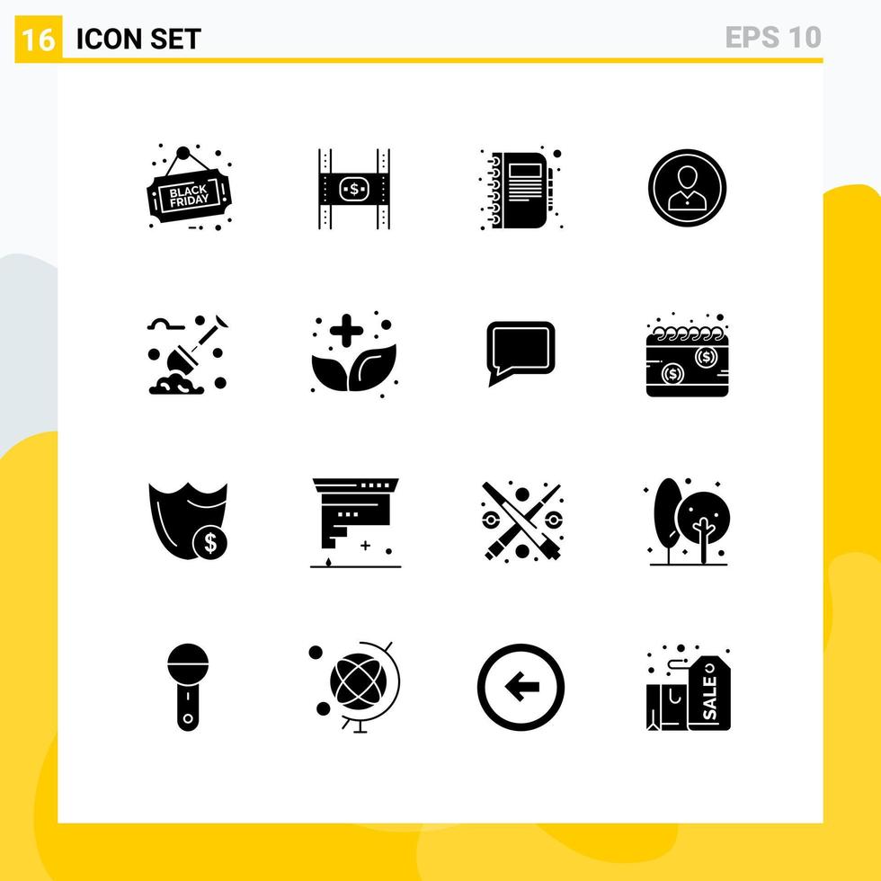 Solid Glyph Pack of 16 Universal Symbols of people human movie avatar diary Editable Vector Design Elements