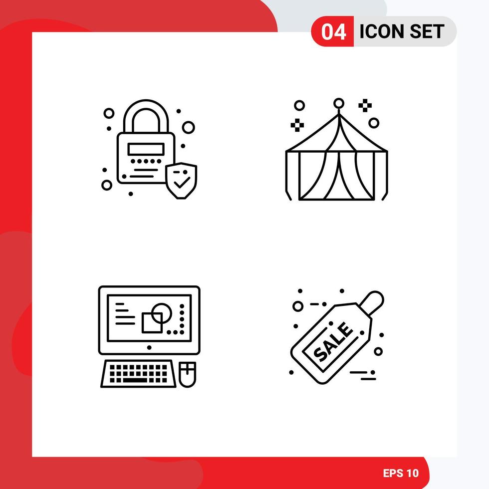 Mobile Interface Line Set of 4 Pictograms of lock creative circus tent black friday Editable Vector Design Elements