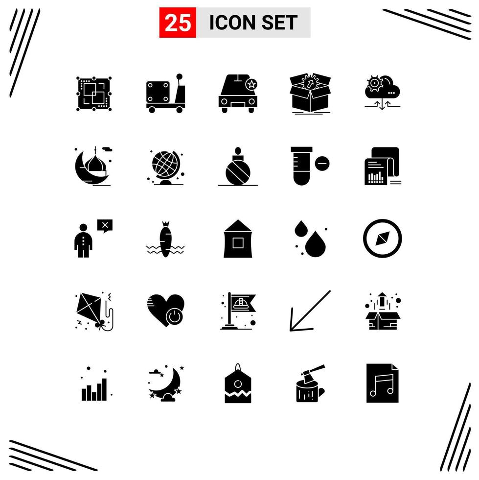 25 User Interface Solid Glyph Pack of modern Signs and Symbols of cloud progress car productivity upload Editable Vector Design Elements