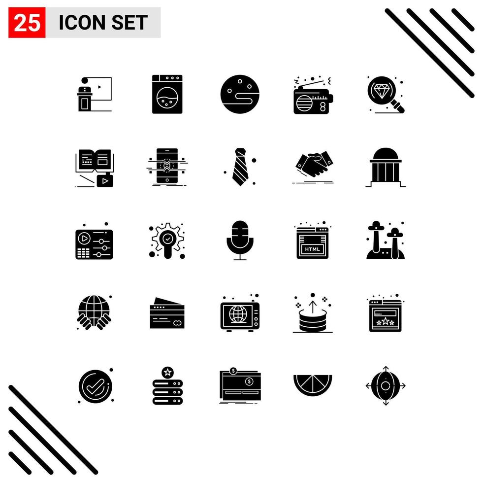 25 Universal Solid Glyph Signs Symbols of diamond technology washing device radio Editable Vector Design Elements