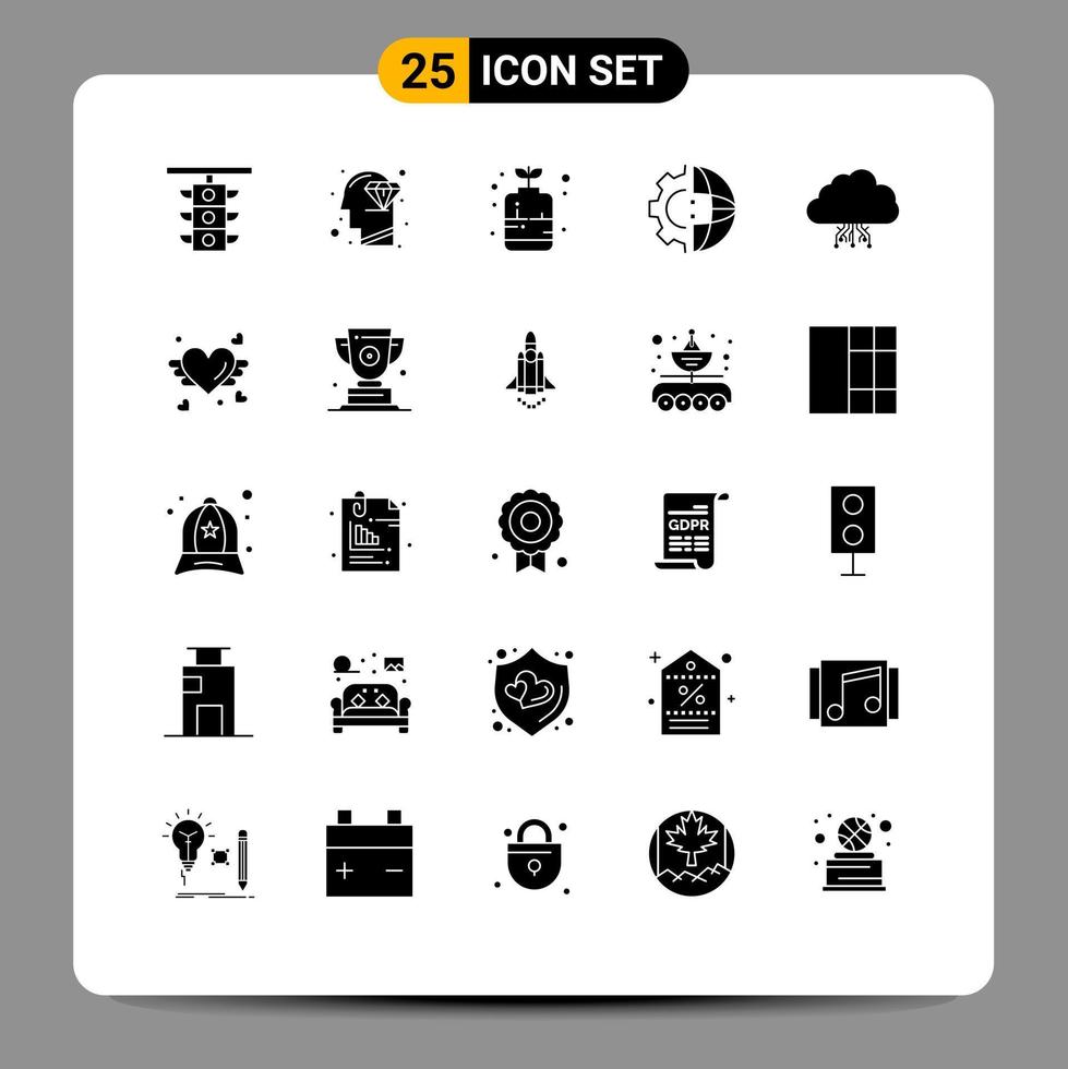 Pack of 25 creative Solid Glyphs of production international perfection gear growth Editable Vector Design Elements