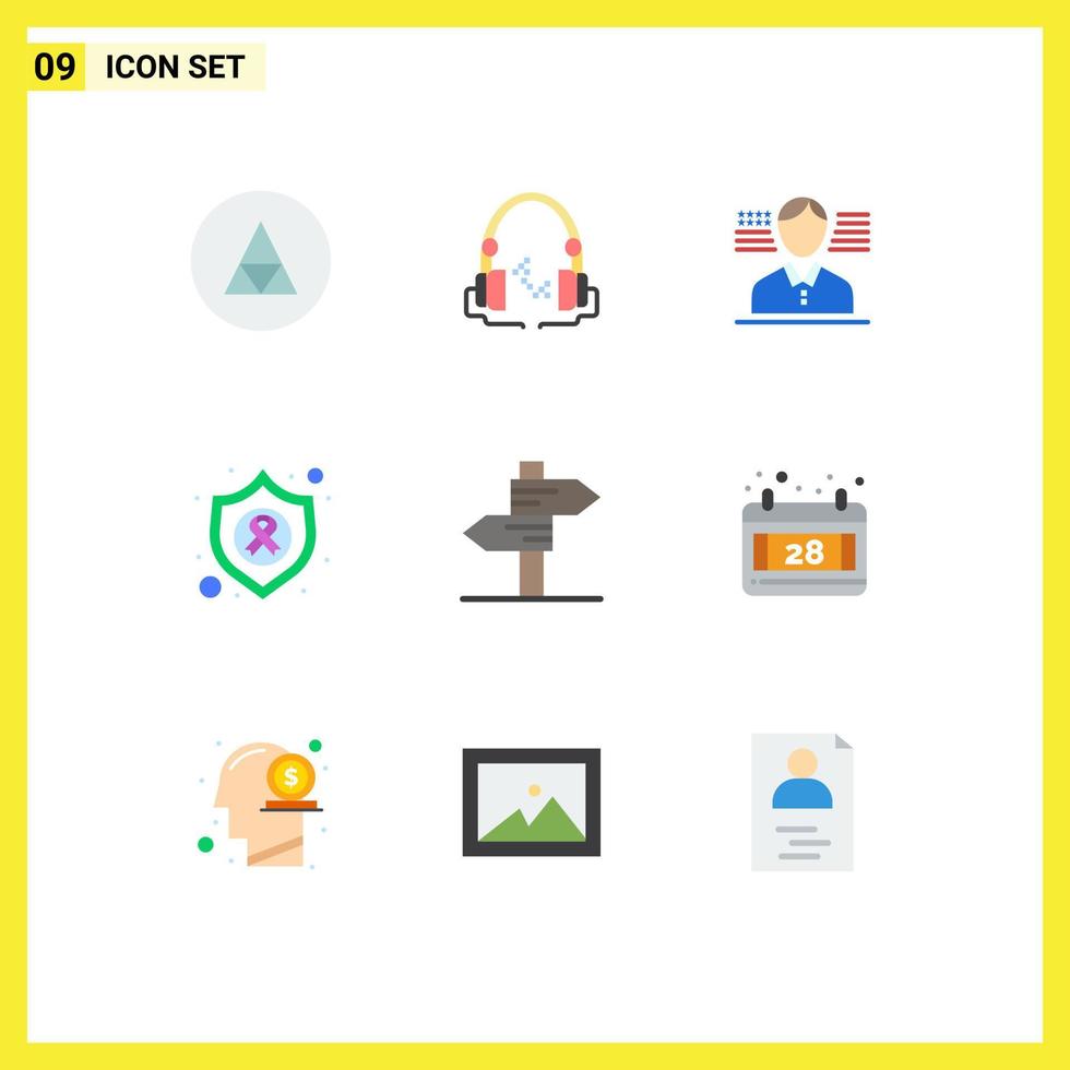 Set of 9 Vector Flat Colors on Grid for heart cancer handfree shield arrow Editable Vector Design Elements