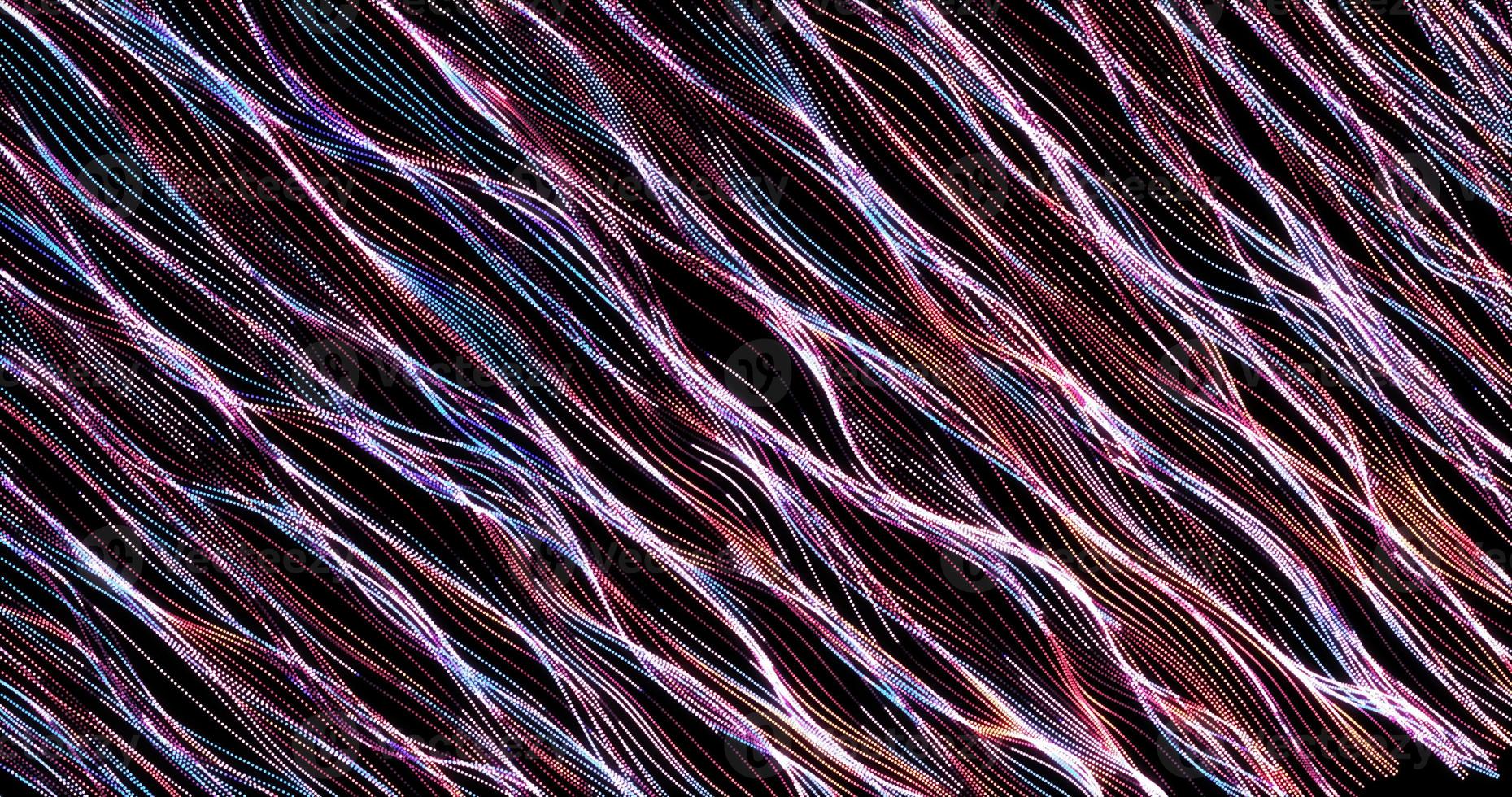 Abstract background of blue and purple diagonal small neon bright stripes of particles in the form of waves with a glow effect. Screensaver beautiful photo
