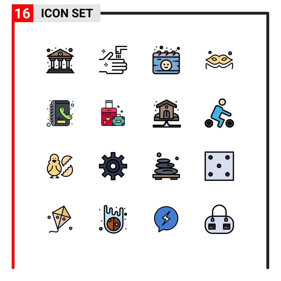 grupo de 16 líneas rellenas de color plano, signos y símbolos para el calendario de la guía telefónica, el disfraz de la mascarada, elementos de diseño de vectores creativos editables