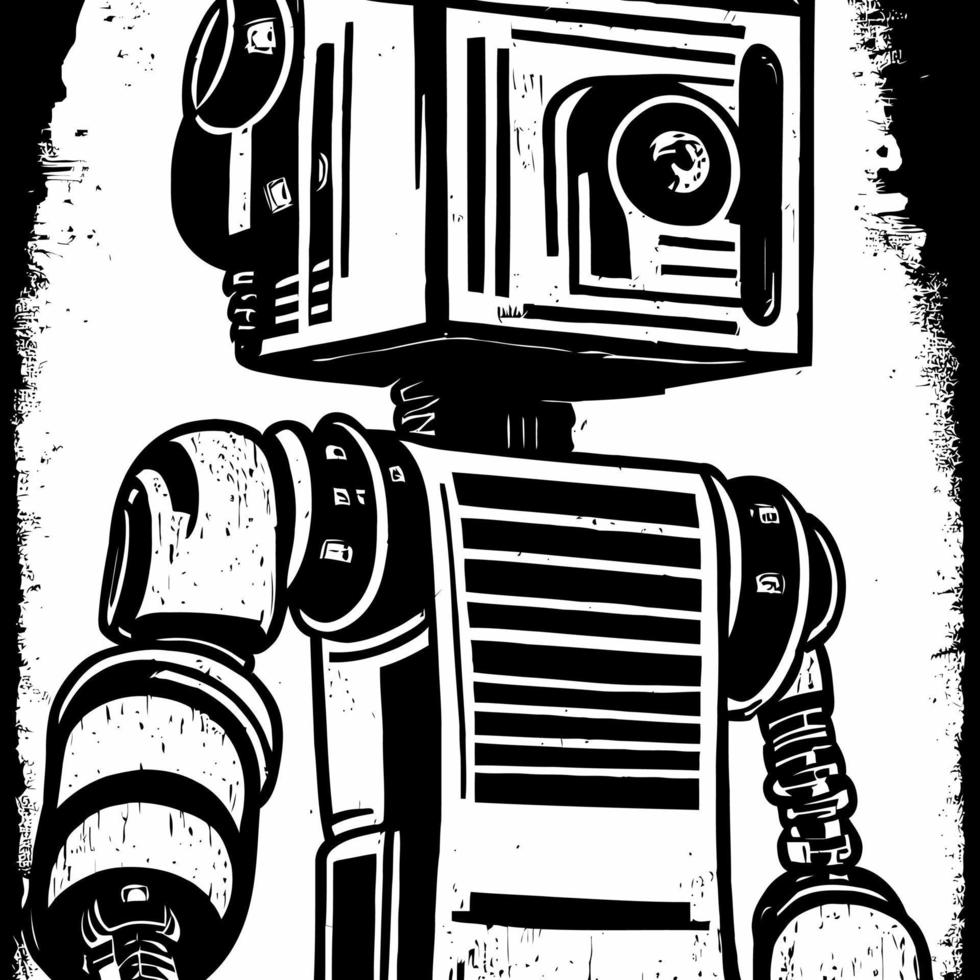 Grunge Woodcut Futuristic Robot Portrait vector