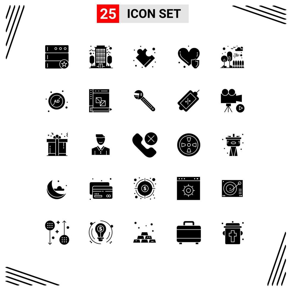 Solid Glyph Pack of 25 Universal Symbols of ad cityscape solution city insurance Editable Vector Design Elements