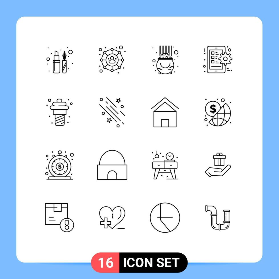 Mobile Interface Outline Set of 16 Pictograms of food smart phone gold setting gear Editable Vector Design Elements
