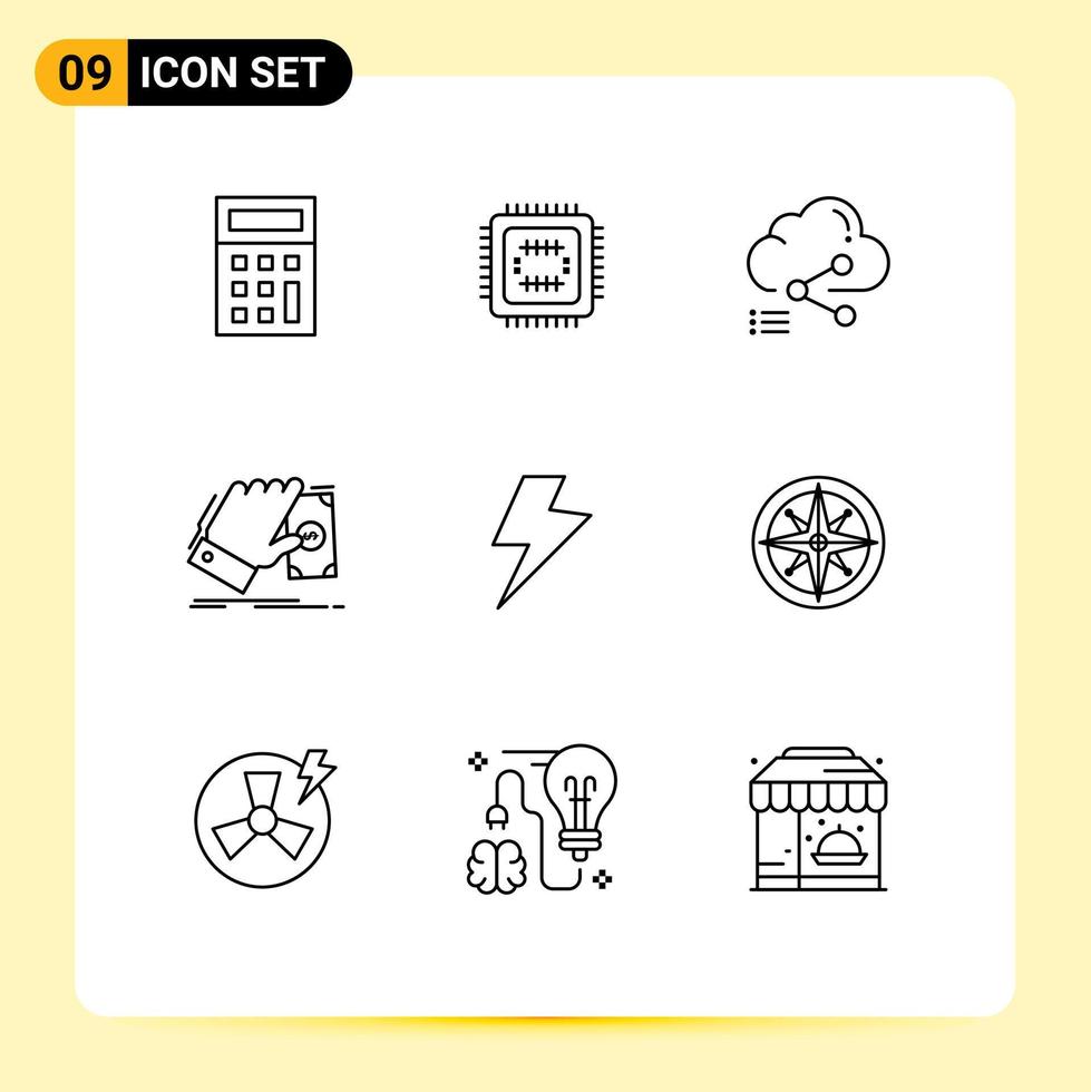 Pictogram Set of 9 Simple Outlines of power earn cloud money business Editable Vector Design Elements