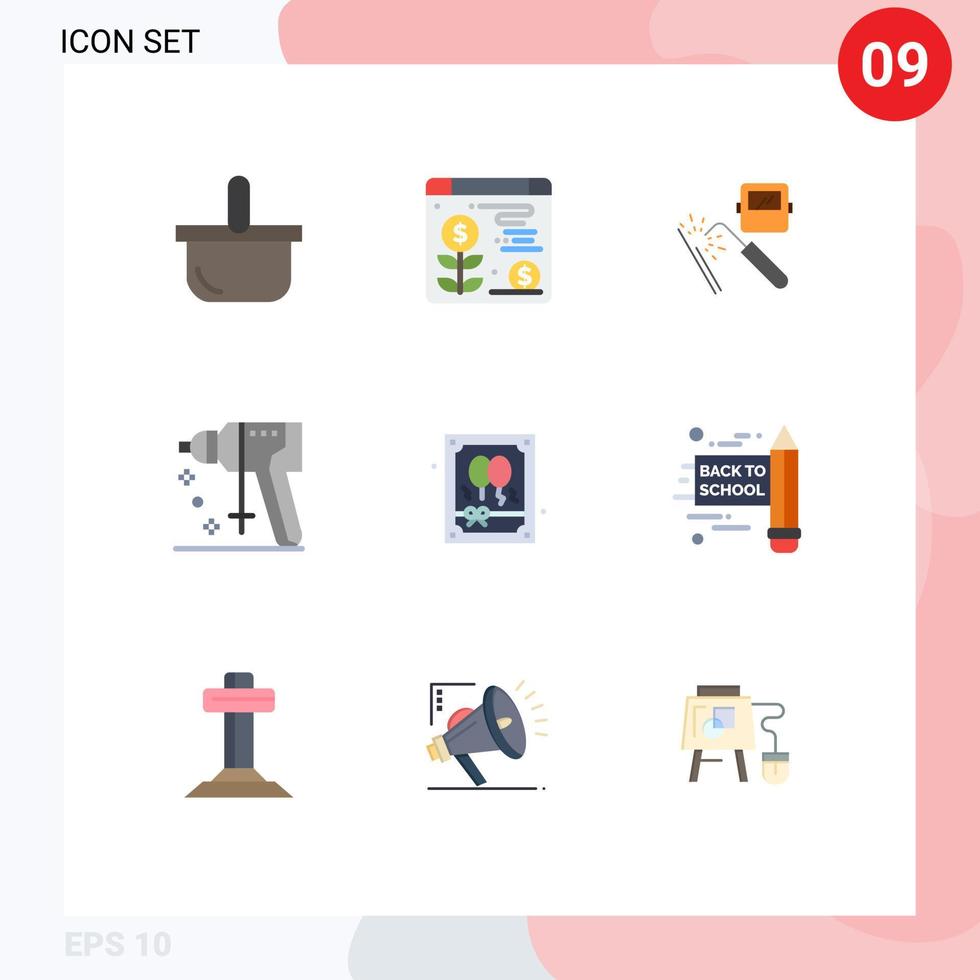 Group of 9 Flat Colors Signs and Symbols for balloon tool machine puncher construction Editable Vector Design Elements
