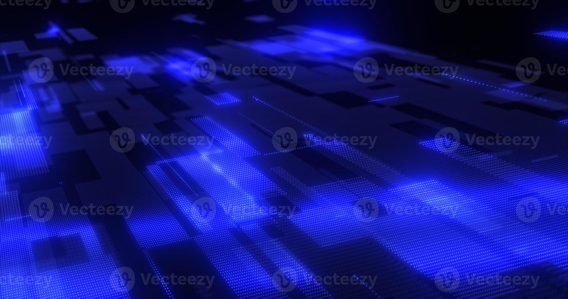 Abstract background blue from futuristic hi-tech rectangles of pixel particles flying with glow effect and background blur, screensaver photo
