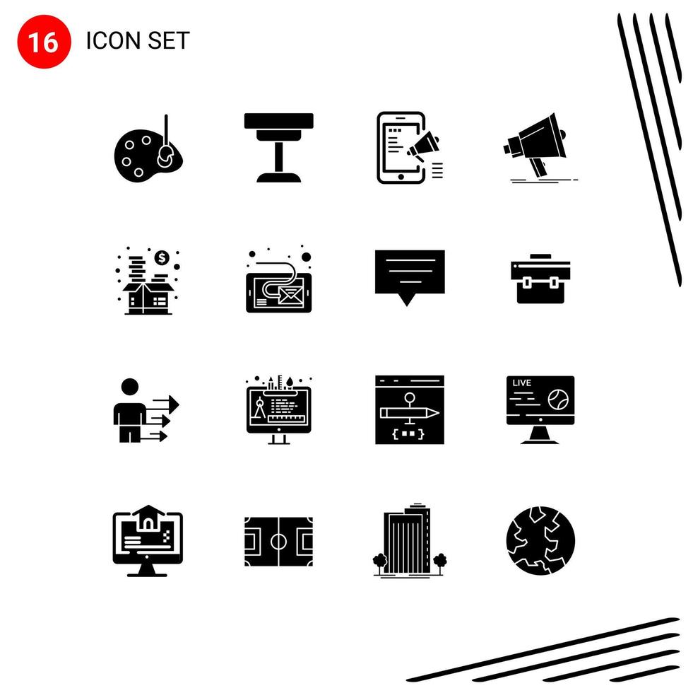 16 User Interface Solid Glyph Pack of modern Signs and Symbols of media digital table bullhorn mobile Editable Vector Design Elements