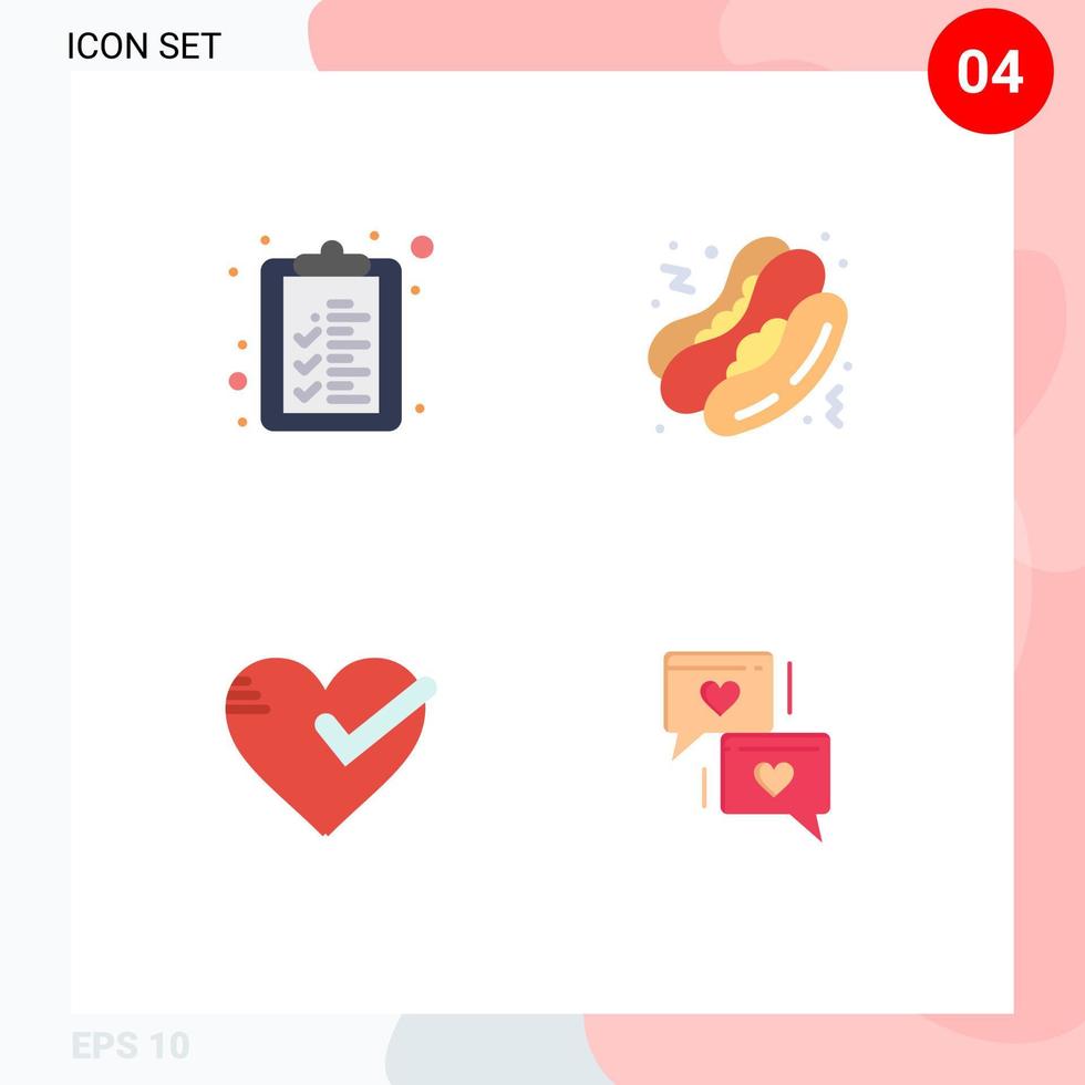 Pack of 4 Modern Flat Icons Signs and Symbols for Web Print Media such as check list good hot dog heart chat Editable Vector Design Elements