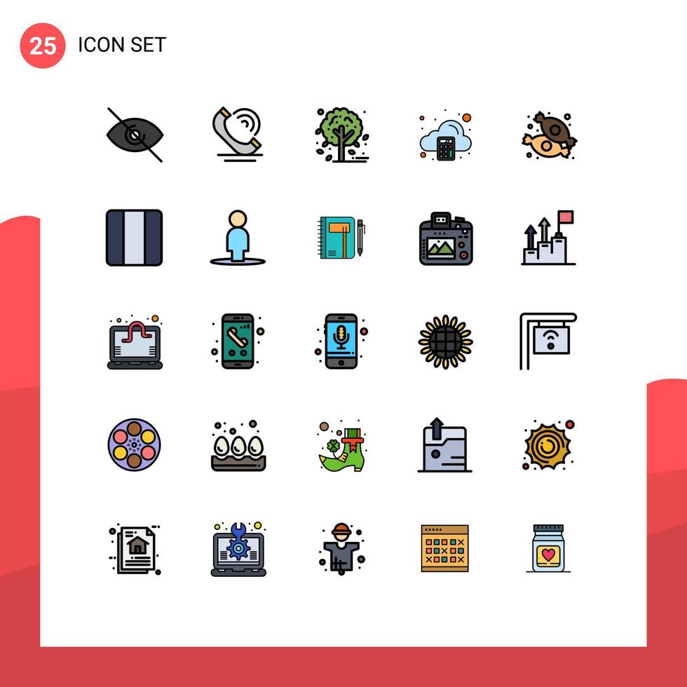 Universal Icon Symbols Group of 25 Modern Filled line Flat Colors of sweets dessert leaf candy calculate Editable Vector Design Elements
