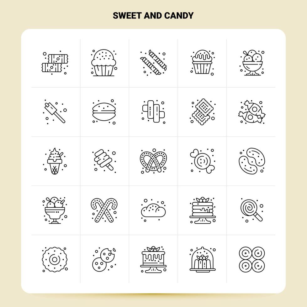 esquema 25 conjunto de iconos de dulces y caramelos diseño de estilo de línea vectorial conjunto de iconos negros paquete de pictogramas lineales diseño de ideas de negocios web y móviles ilustración vectorial vector