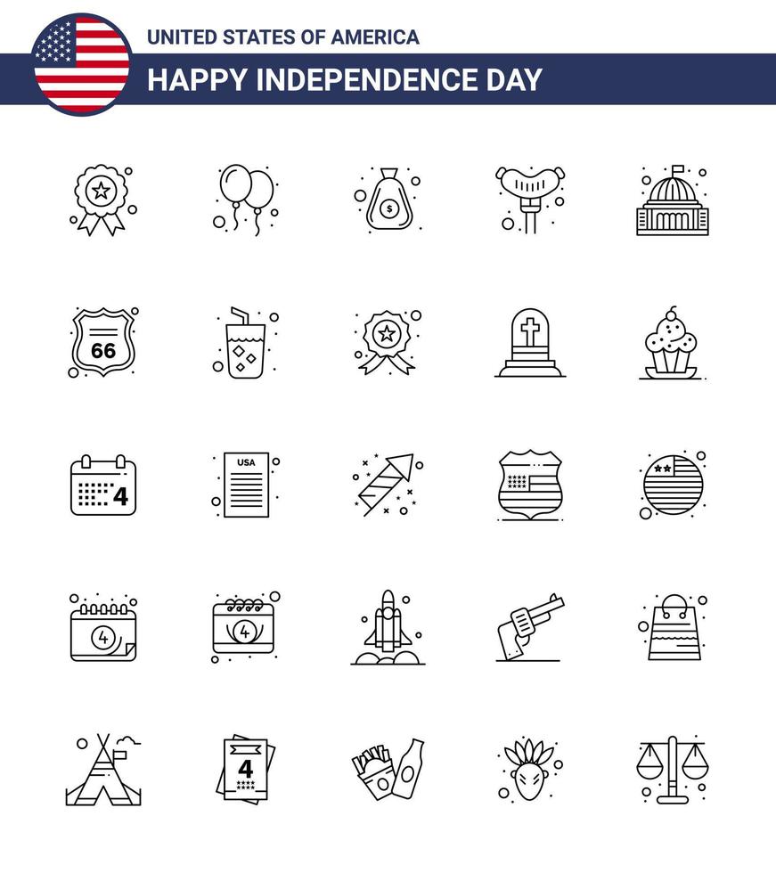 conjunto de 25 líneas vectoriales el 4 de julio, día de la independencia de estados unidos, como el lugar de la casa, comida de salchicha en dólares, elementos de diseño vectorial editables del día de estados unidos vector