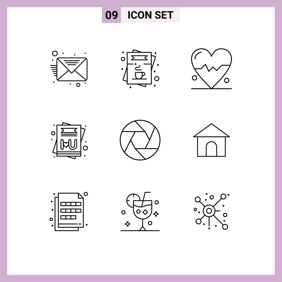 símbolos de iconos universales grupo de 9 contornos modernos de cámara de fotos beat apertura amor elementos de diseño de vectores editables