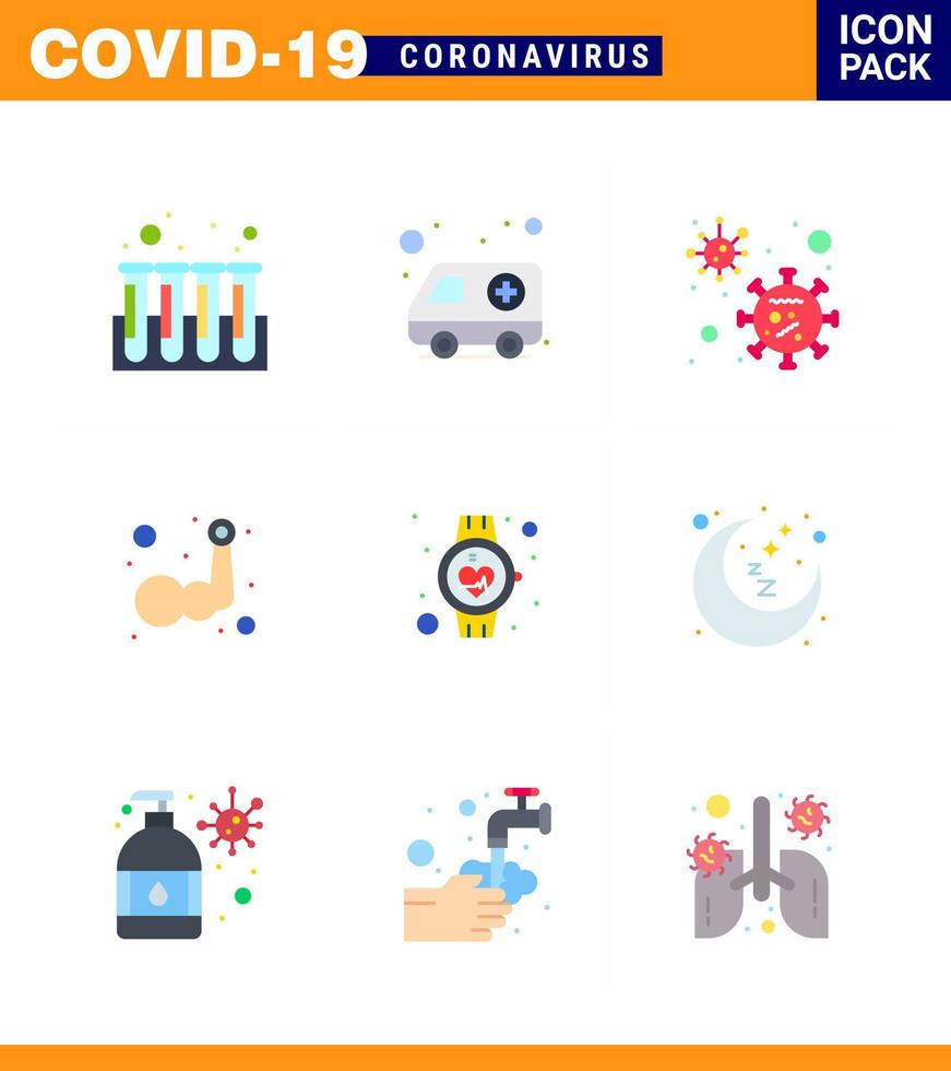 CORONAVIRUS 9 Flat Color Icon set on the theme of Corona epidemic contains icons such as  beat muscle virus hand layer viral coronavirus 2019nov disease Vector Design Elements