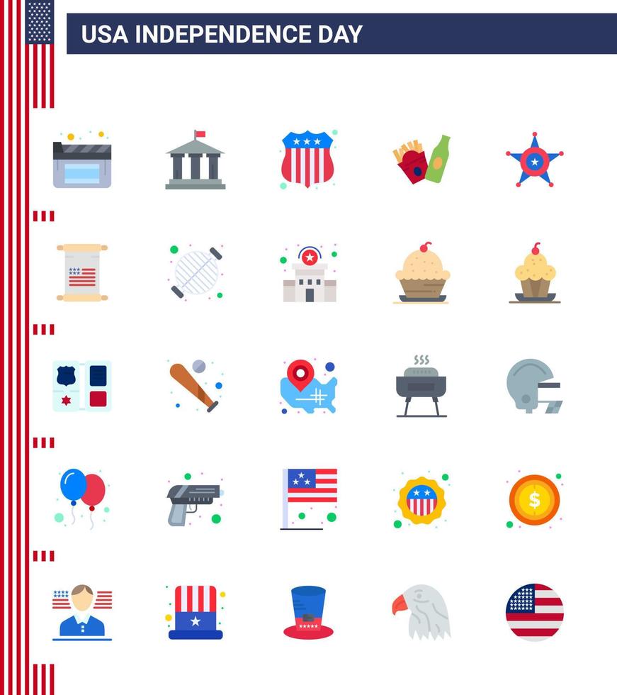 Happy Independence Day USA Pack of 25 Creative Flats of scroll star investigating police american Editable USA Day Vector Design Elements