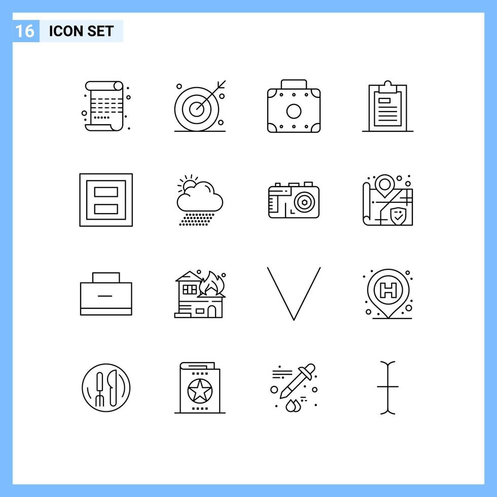 Pack of 16 creative Outlines of paper file shooting document suitcase Editable Vector Design Elements