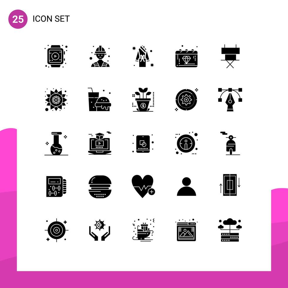 Pack of 25 creative Solid Glyphs of cinema money robe gem day Editable Vector Design Elements