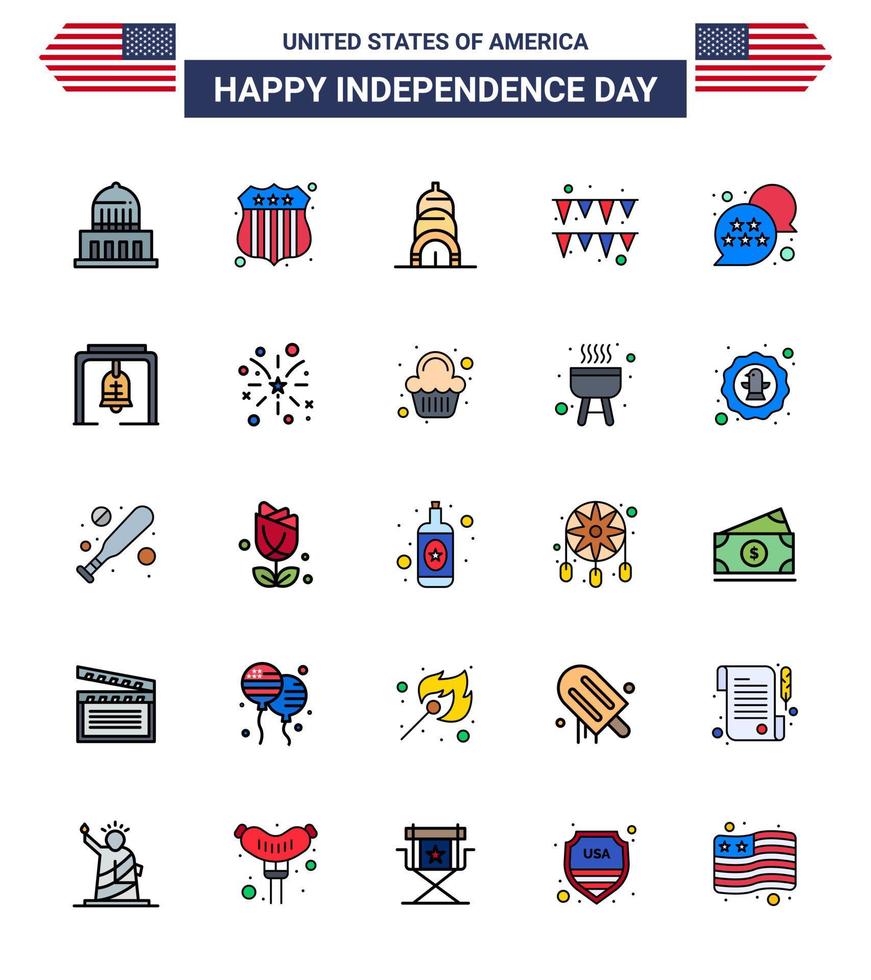 25 USA Flat Filled Line Signs Independence Day Celebration Symbols of alert star building usa paper Editable USA Day Vector Design Elements