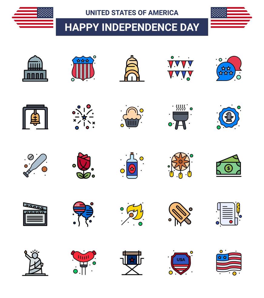 25 estados unidos línea plana llena signos celebración del día de la independencia símbolos de alerta edificio estrella papel de estados unidos editable día de estados unidos elementos de diseño vectorial vector