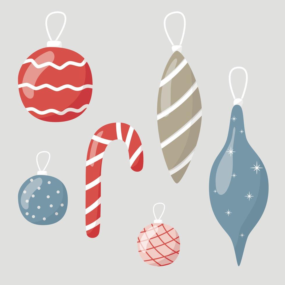 ilustración vectorial, conjunto de juguetes de cristal de Navidad de dibujos animados. decoraciones para el año nuevo y navidad. vector