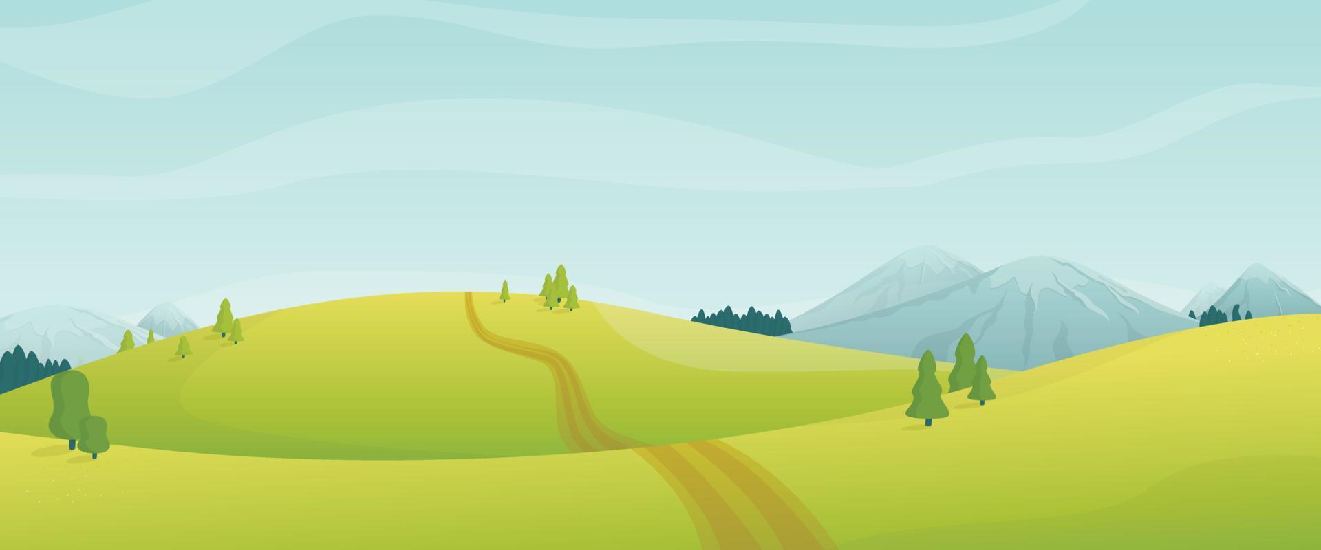 Cartoon panoramic view of summer day nature. Mountains, fields and hills with snow-capped peaks, trees, firs. A path leading off into the distance. vector