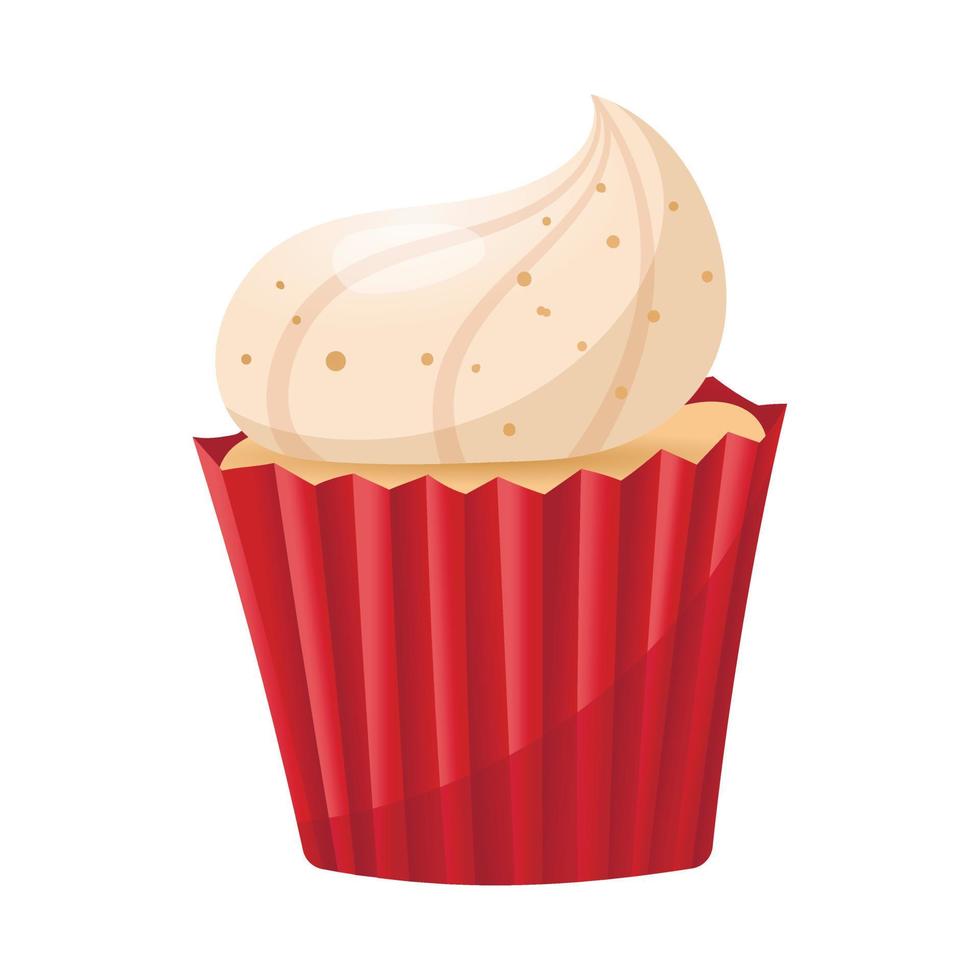 Vector illustration of cartoon sponge cupcake with cream decoration. Sweet festive dessert.