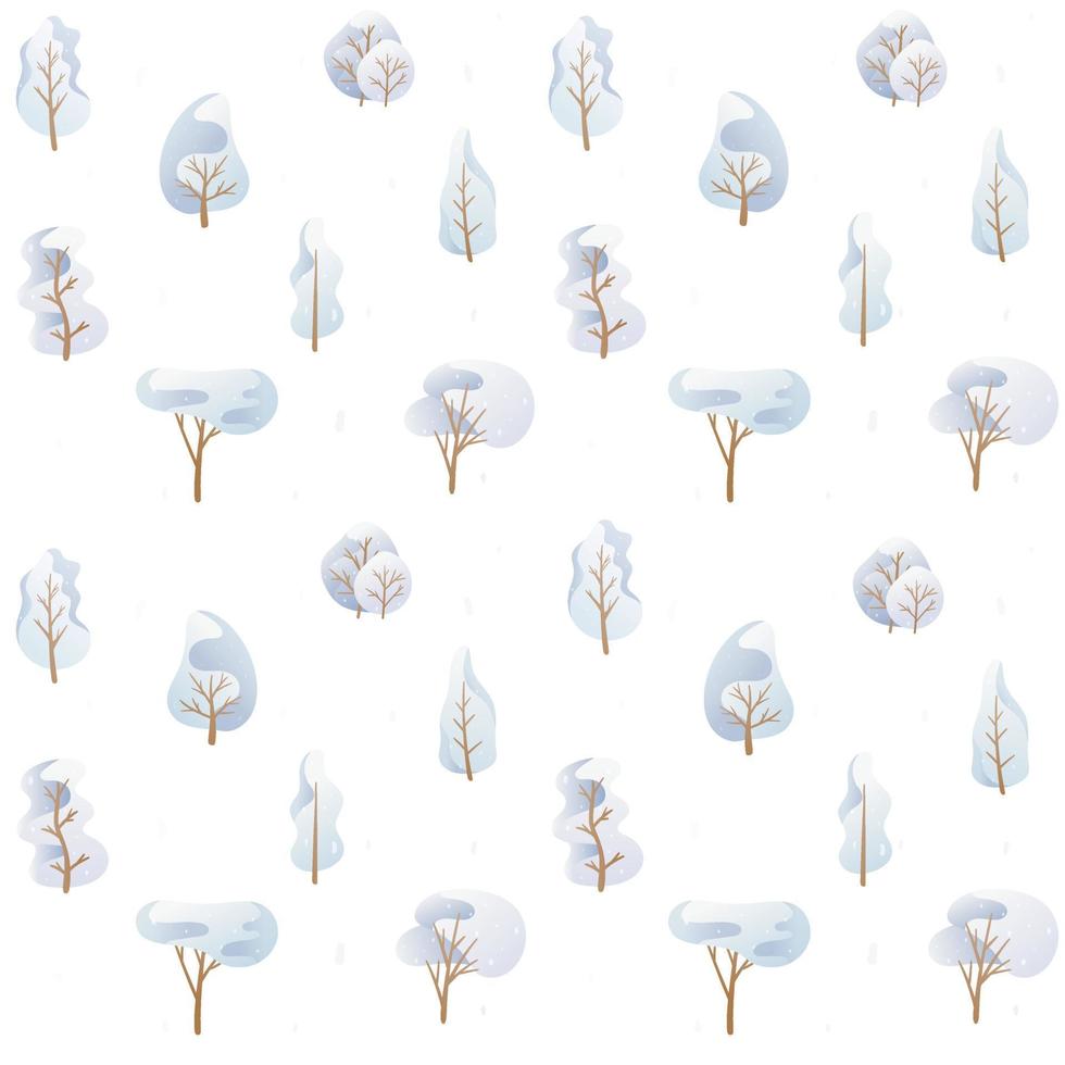 Vector seamless pattern with Cartoon trees in a blue palette, snow-covered winter crown of different shapes