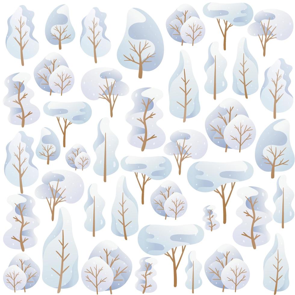 Vector seamless pattern with Cartoon trees in a blue palette, snow-covered winter crown of different shapes