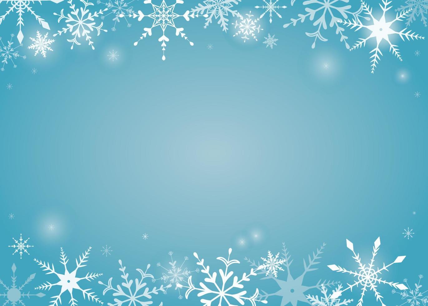 Vector illustration. Christmas background in blue tones with a frame of snowflakes of different shapes and sizes. New year theme.