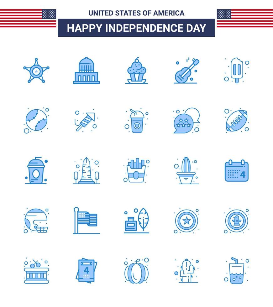 Pack of 25 creative USA Independence Day related Blues of ice cream usa cake music thanksgiving Editable USA Day Vector Design Elements