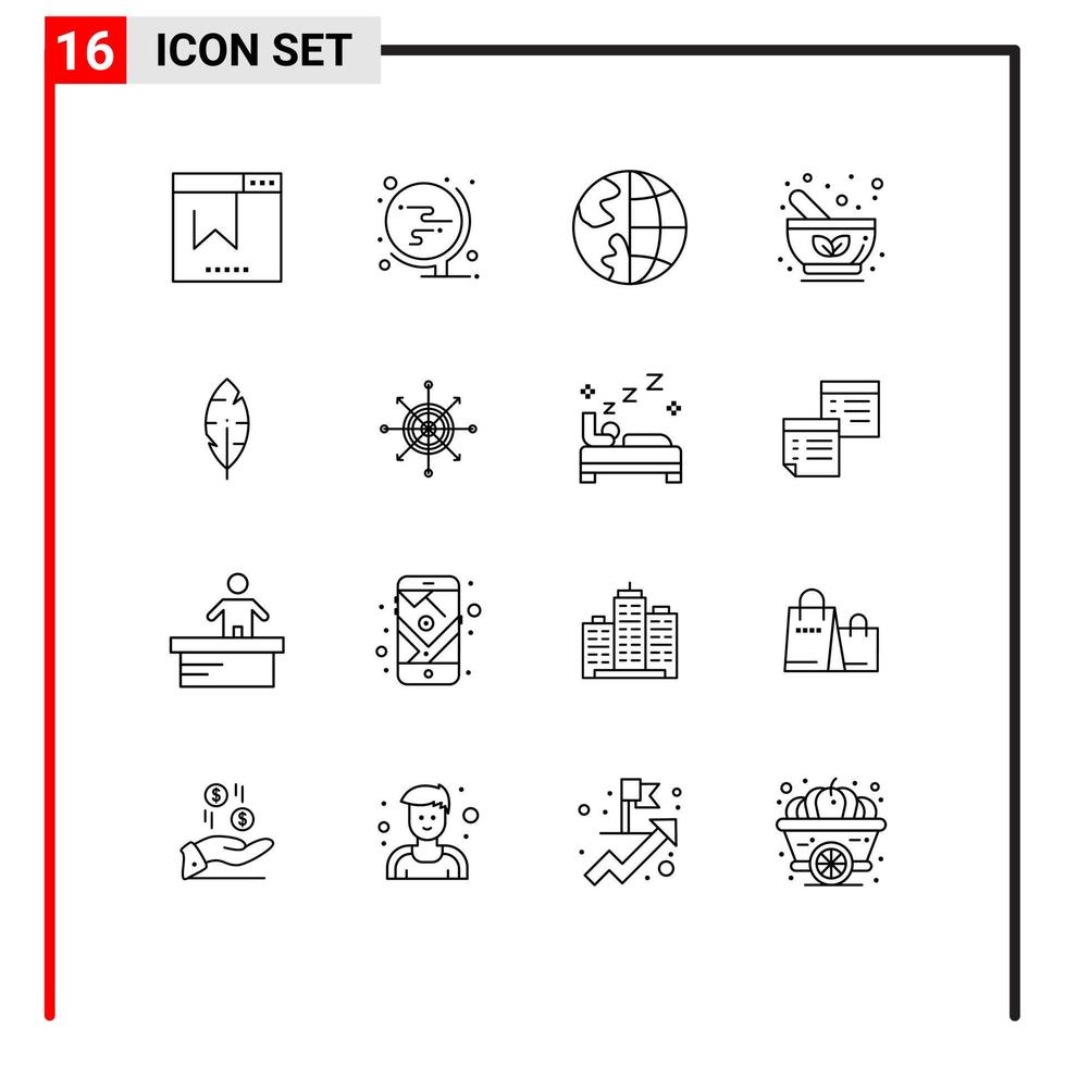 Group of 16 Outlines Signs and Symbols for herbal medicine communication drug globe Editable Vector Design Elements