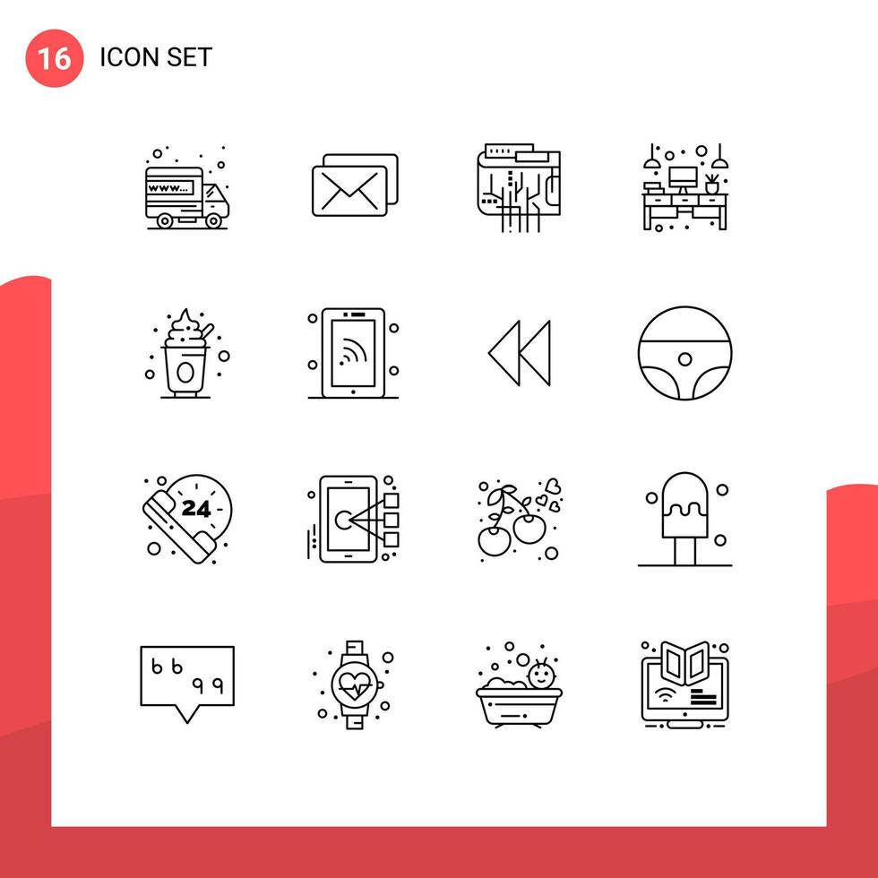 Set of 16 Vector Outlines on Grid for food table currency office computer Editable Vector Design Elements