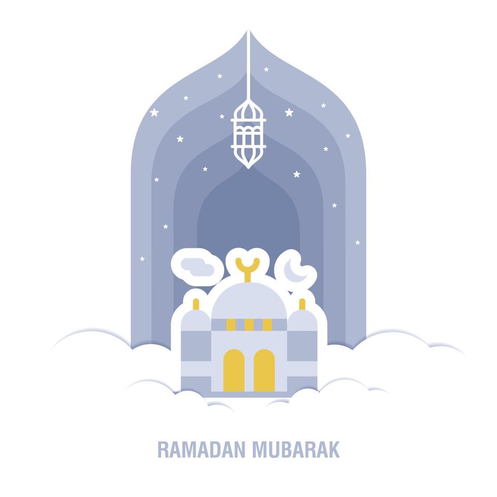 Ramadan Kareem islamic design crescent moon and mosque dome silhouette with arabic pattern and calligraphy vector