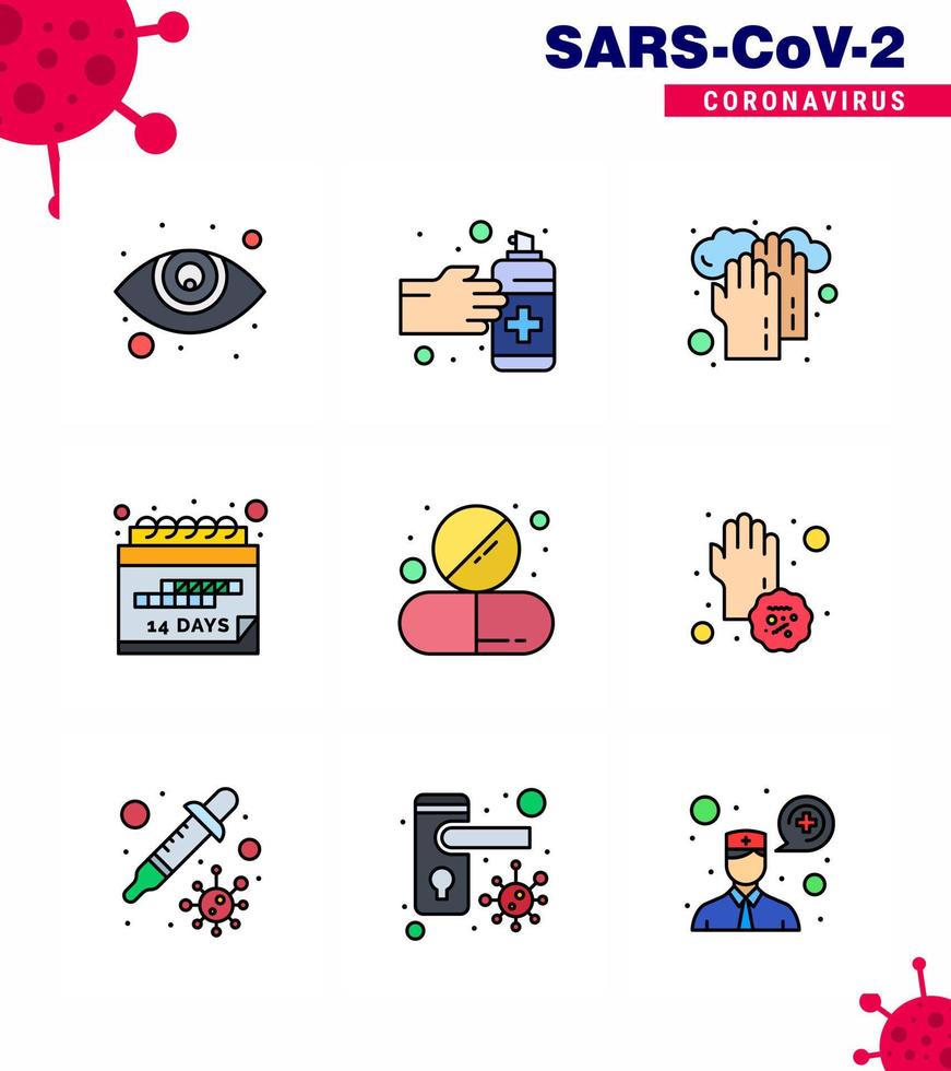 Covid19 Protection CoronaVirus Pendamic 9 Filled Line Flat Color icon set such as medicine capsule hands schedule event viral coronavirus 2019nov disease Vector Design Elements