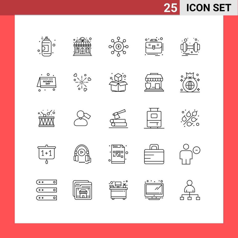 Pack of 25 Modern Lines Signs and Symbols for Web Print Media such as dumbbell case dollar business financial Editable Vector Design Elements